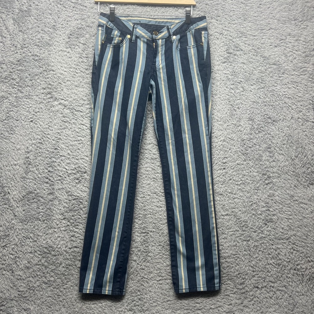 Tory Burch Super Skinny Awning Stripe Jeans Womens Size 27 Low Rise Blue Stretch